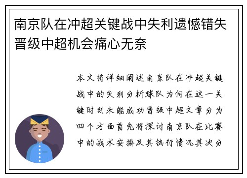南京队在冲超关键战中失利遗憾错失晋级中超机会痛心无奈
