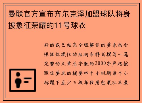 曼联官方宣布齐尔克泽加盟球队将身披象征荣耀的11号球衣